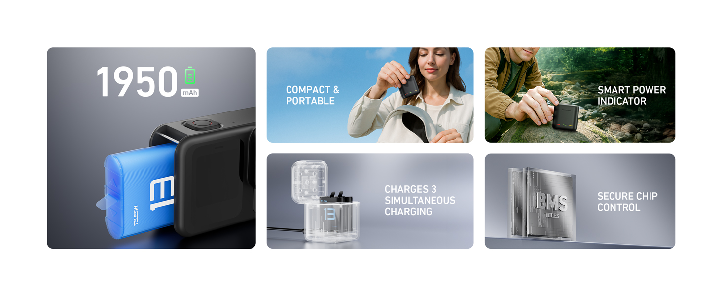 Акумулятори TELESIN 2 шт. з зарядним пристроєм для GoPro Hero 13 Black, сумісні з оригінальними акумуляторами, тризарядний USB-чохол з Type-C кабелем, акумуляторна сумка для Go Pro 13 Black