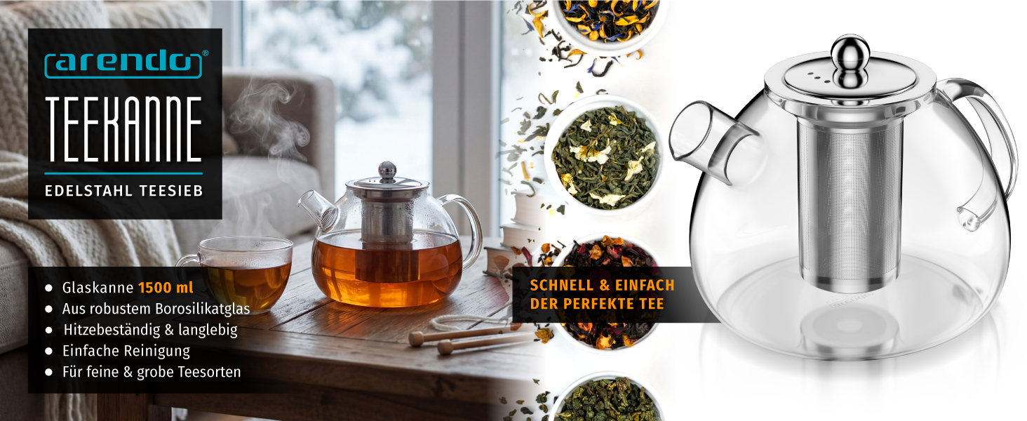 Скляний чайник Arendo з ситечком із нержавіючої сталі, 1500 мл, термостійке боросилікатне скло для листового, трав'яного та фруктового чаю