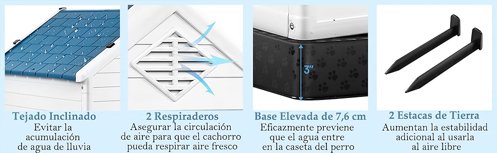 GYMAX Будка для собак на вулицю з похилим дахом та піднятим дном, пластикове собаче будиночок, вологостійка собача будка в стилі кантрі (Білий + Синій, 72,5 x 66 x 70,5 см)