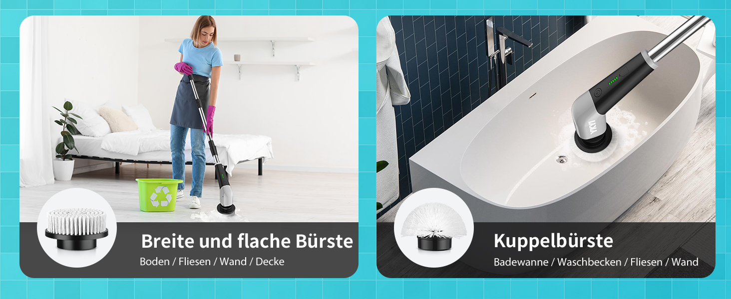 Електрична щітка для прибирання YKYI, Spin Scrubber з 8 насадок, водонепроникна IPX7, для ванної, підлоги, кухні, білий (сірий)