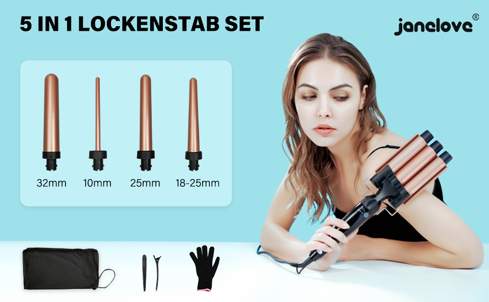 Welleneisen Janelove 3 Fässer - Керамічний локон для волосся 10-32 мм, 180°C/210°C, з кліпсами та рукавичкою (Чорний)