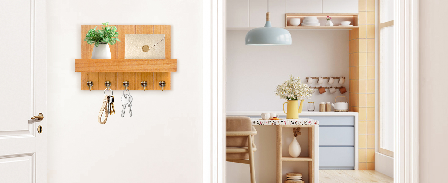 Дерев'яне ключниця з полицею, 5 гачків, для прихожей, вітальні, спальні - жовтий колір