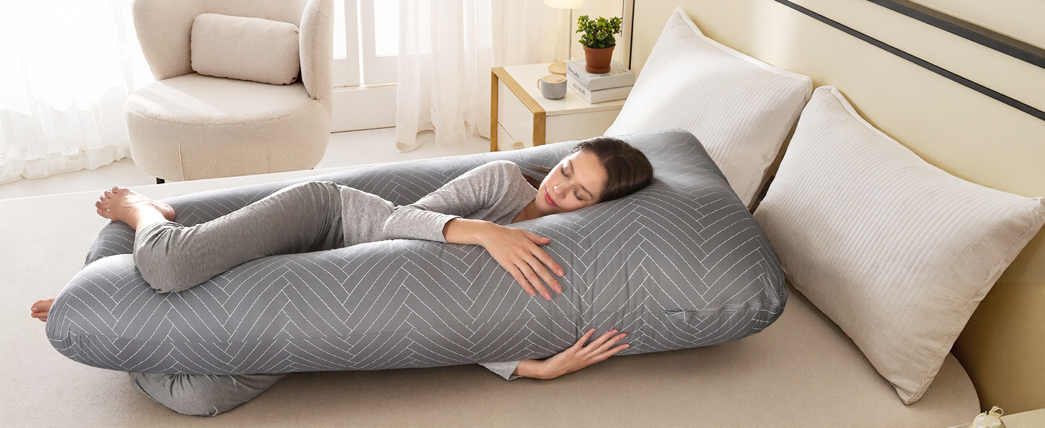 Тілоподушка SHANNA для сну на боці, U-подібна, вагітним, знімний чохол, 70 x 145 см (Сірий смугастий)
