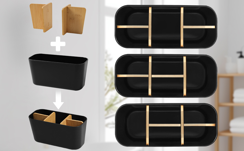 Підставка для зубних щіток з бамбуковими перегородками, органайзер для зубних щіток на 4 відділення + місце для пасти, чорний