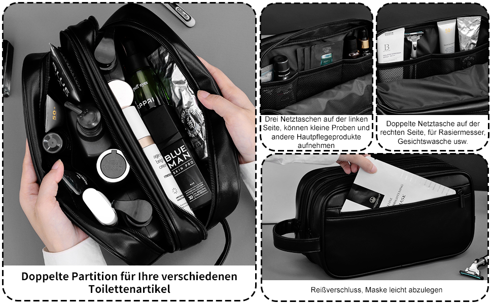 Чоловіча косметичка-рюкзак, чорна, з водовідштовхувального PU-шкіри, двошарова, з мокрим/сухим відділенням