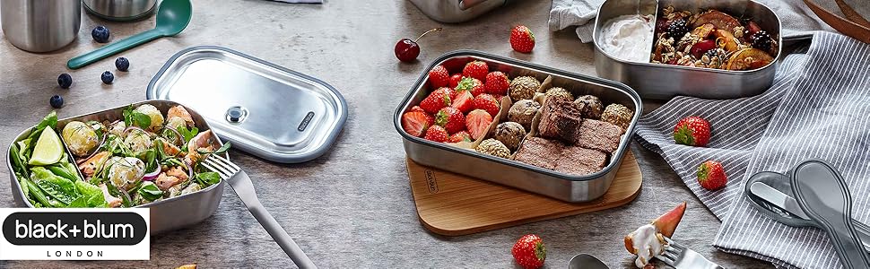 Ланчбокс BLACK+BLUM 1 л з нержавіючої сталі, вакуумний, герметичний, з гофелем, силіконовим ремінцем і роздільником, для духовки та морозильної камери, океанічний колір, 20x14x6 см, контейнер для їжі з відділеннями