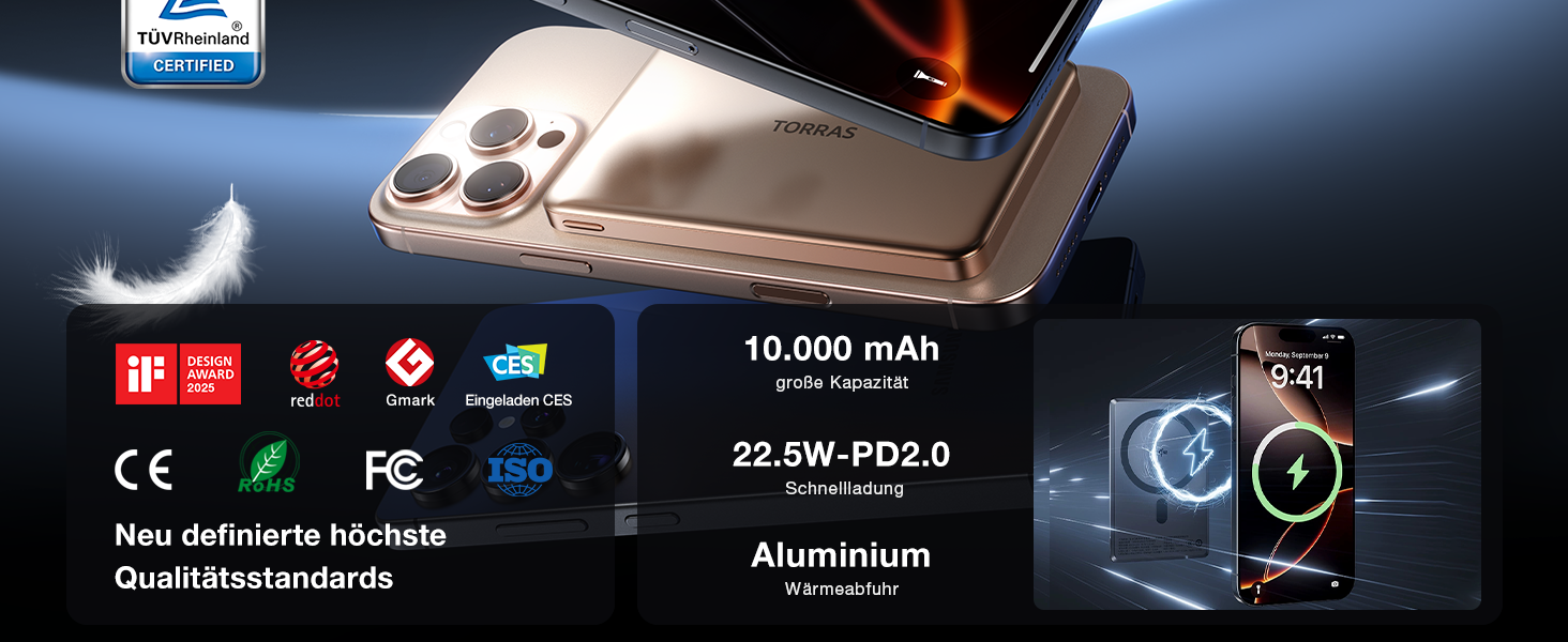 Портативний зарядний пристрій TORRAS MiniMag 10000mAh з MagSafe для iPhone 17 Pro Max, AirPods, iPhone Air 12-16, швидка зарядка, бездротовий, USB-C, сірий титан, 10000 mAh