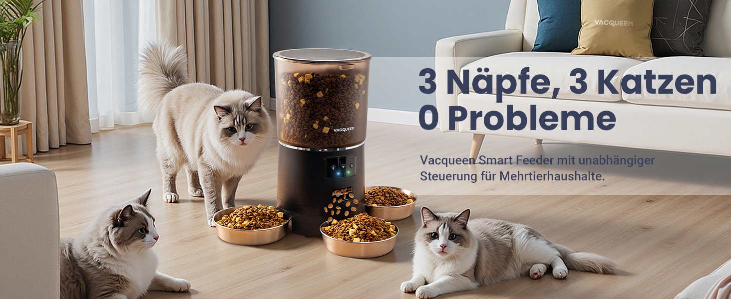 Автомат годівлі для котів з APP та таймером, 6 л / 25 порцій, 3 миски, 3 пакетики силікагелю, система запобігання застряганню, WiFi 2.4G, запис голосу, чорний