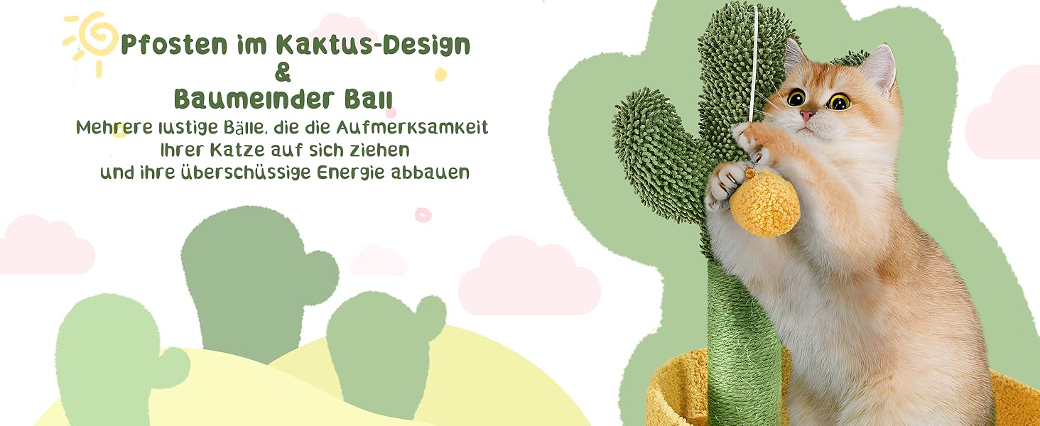 Дерево-кіготь для котів Yaheetech Kaktus, 123 см, оазис-тема, зелено-жовтий, для 2-3 котів, з 2 платформами та 2 печерами