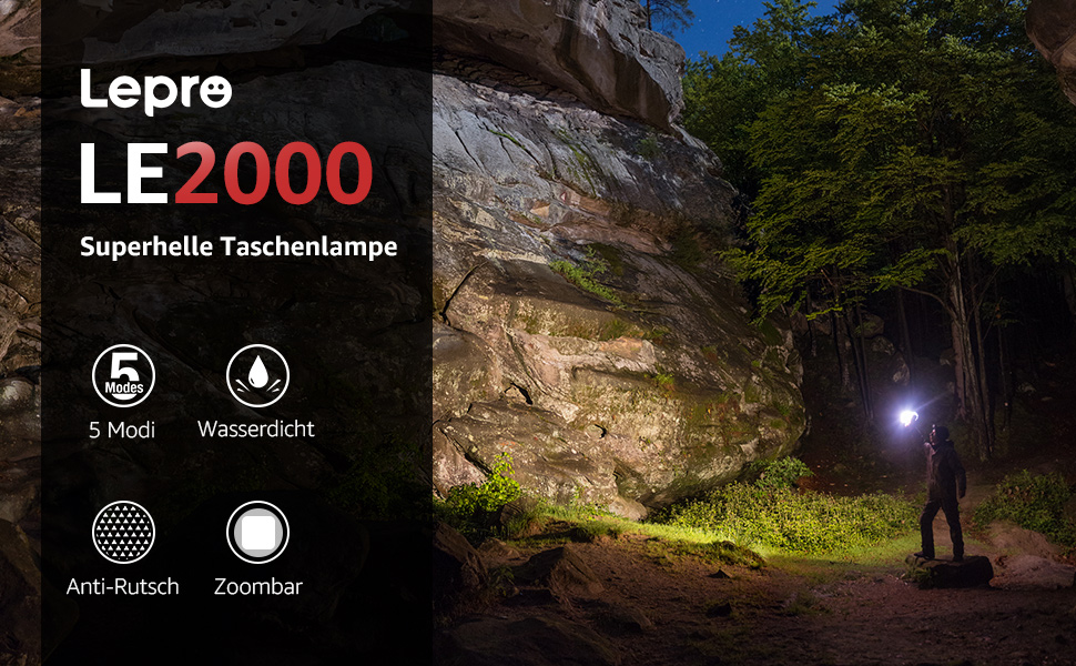 LED ліхтарик Lepro LE050 - екстремально яскравий, з кліпсою, зумується, 5 режимів, водонепроникний, для кемпінгу, відпочинку на природі, риболовлі, подарунок