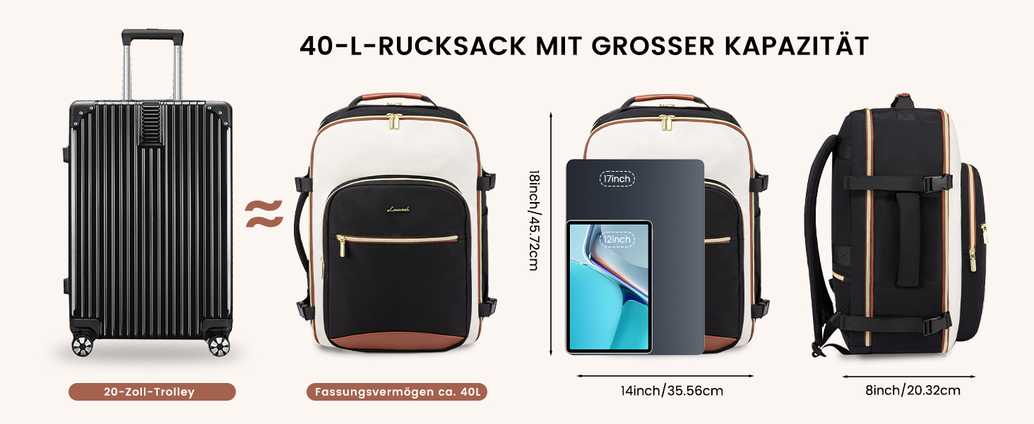 Рюкзак LOVEVOOK для ручної поклажі літака, 40L, водонепроникний, для ноутбука 17 дюймів, для подорожей, школи, роботи, кемпінгу, чоловічий/жіночий, бежевий+чорний+коричневий