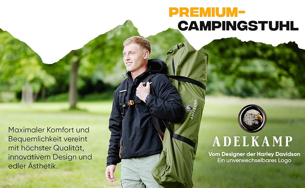 Складний туристичний стілець ADELKAMP з товстим м'яким сидінням, висока вантажопідйомність 150 кг, з сумкою-холодильником та тримачем для напоїв – переможець тесту 2024, преміум-якість, оливковий колір