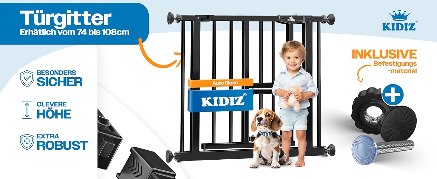 Захисне ворота KIDIZ для дітей з люком для котів, без свердління | Захист від падіння, поворотне, біле/помаранчеве, ширина 74-80 см