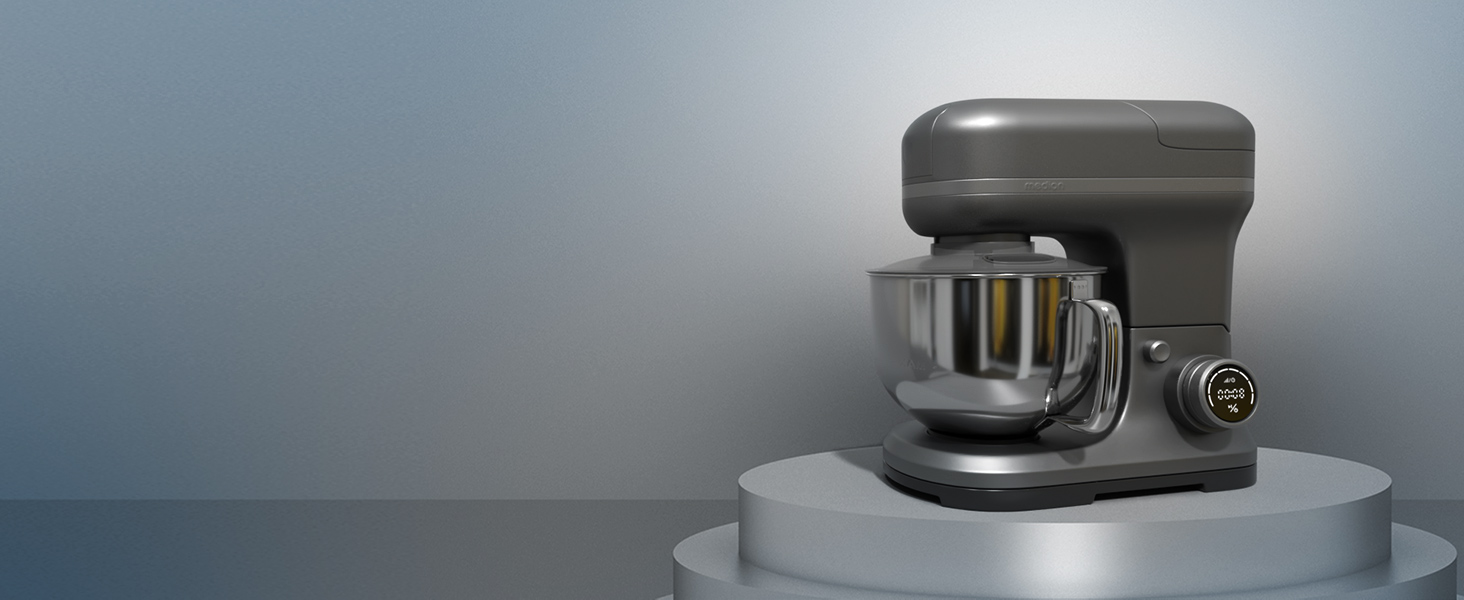 Кухонна машина MEDION MD18430: 3-в-1 (міксер, м'ясорубка, тістоміс), 5 л чаша з нержавіючої сталі, 1200 Вт, цифровий дисплей, чаша для льоду, титан