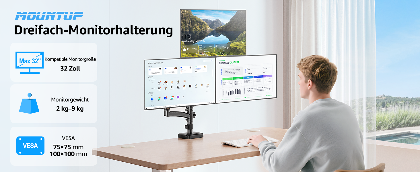 Кронштейн для 3 моніторів MOUNTUP EU6013A, для плоских та вигнутих екранів до 32 дюймів, регульований тримач (2-9 кг), з функцією нахилу та повороту