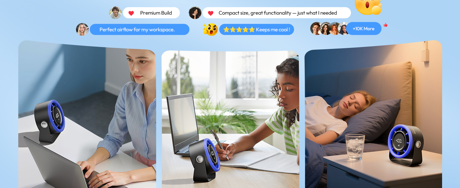 Портативний акумуляторний вентилятор Gaiatop з USB, 5 швидкостей, LED-дисплей, поворотний на 360°, для дому та офісу (блакитний)