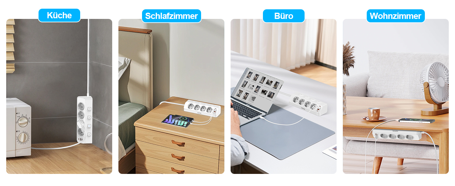 Мережевий адаптер PD 20W з плоским штеплером, розетка FDTEK на 4 слоти з індивідуальним вимикачем, 4000W, 16A, USB-C, розетка для столу з вимикачем, настільна розетка з кабелем 2м (білий)