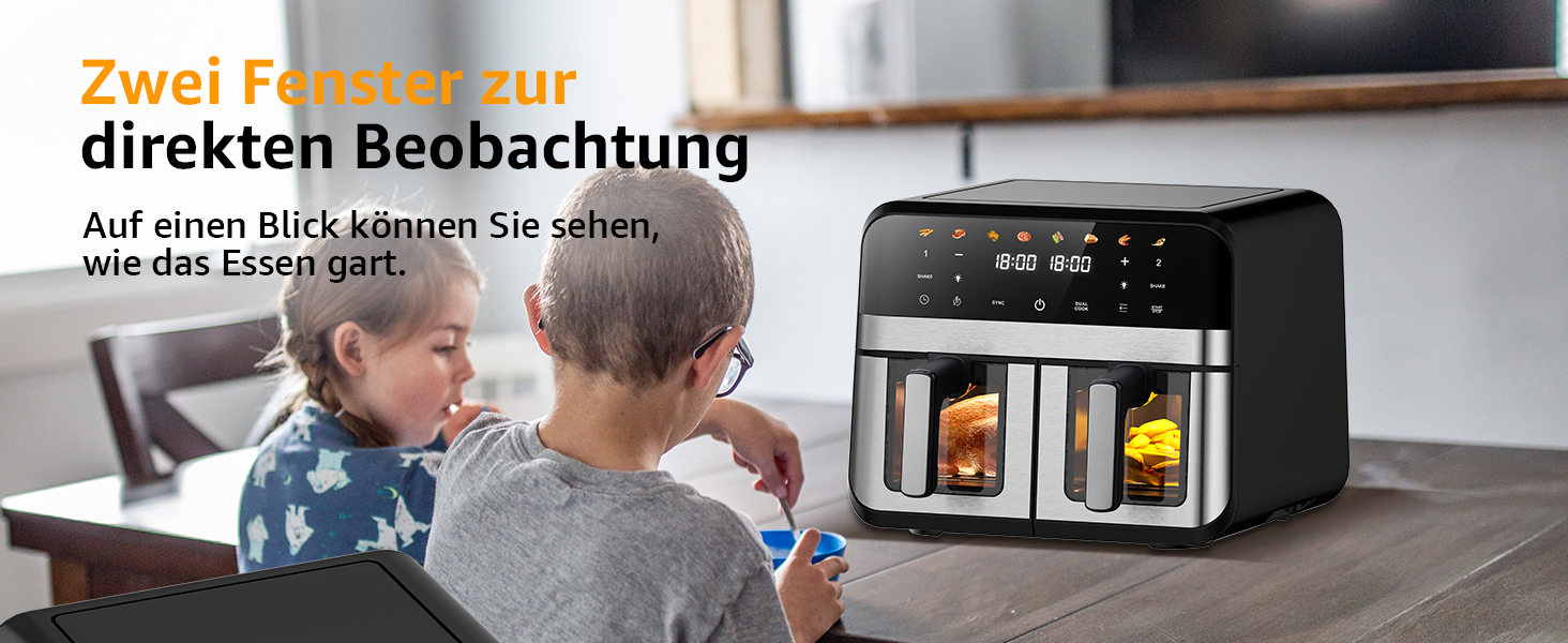 Фритюрниця повітряна Jacgood з 2 кошиками, 1800W, 9L, цифрове керування, 8 меню, з прозорим вікном