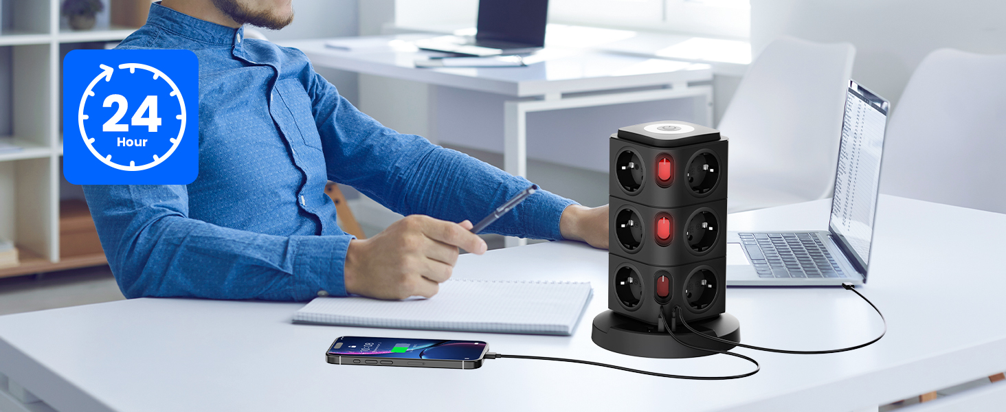 Багаторозеткова станція Acodot Tower з USB, 12 розеток, захист від перенапруги, 4 вимикачі, нічник, 3 USB-порти, кабель 3м, 2500W, для офісу, білий/чорний