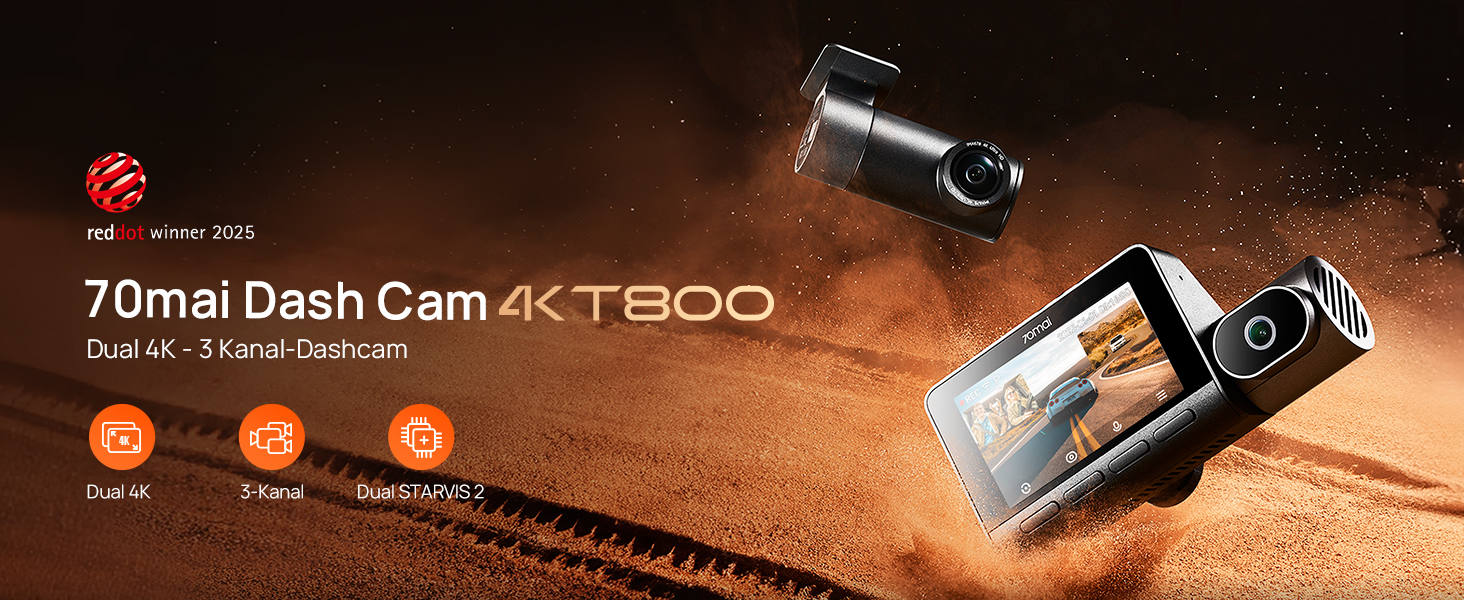 3-канальний автомобільний відеореєстратор 70mai T800E 4K (Передня, Задня, Салонна камери), HDR, ІЧ нічний режим, 24ГД нагляд, GPS, WiFi 6, Суперконденсатор, 64GB SD карта