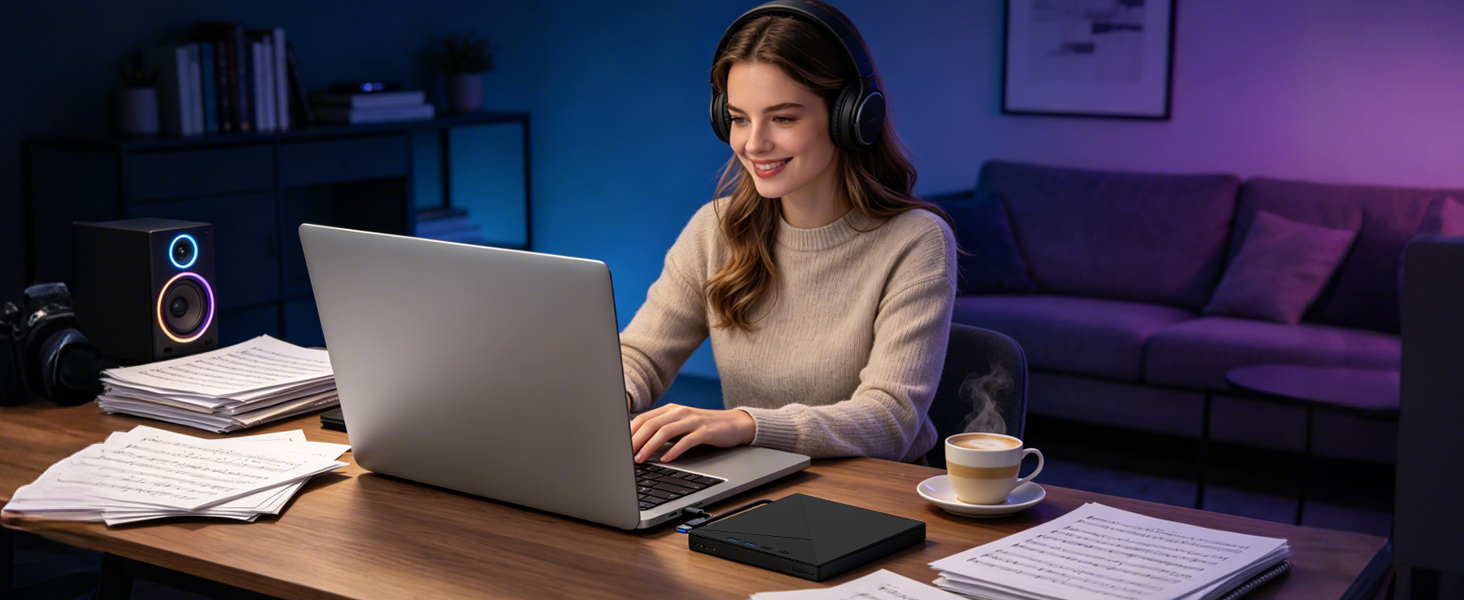 Зовнішній CD/DVD привід та записувач USB-C & USB-A з картридером TF/SD для ноутбука, Windows, Mac OS, Linux