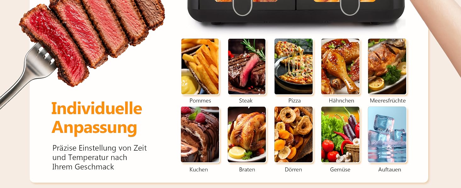Аерофритюрниця Air Fryer 9л 2000 Вт, двокамерна фритюрниця з гарячим повітрям та термоізольованими ручками, чорна (901-schwarz)