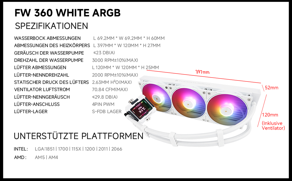 Водяне охолодження CPU TR HW 360 Weiß ARGB з IPS LCD екраном 320x240 для AM4/AM5/Intel LGA1700, магнітний дисплей 2.4