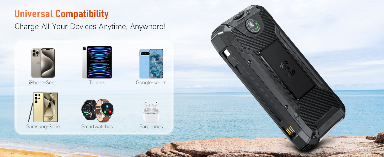 Портативний зарядний акумулятор Solar Powerbank 49800mAh з сонячною панеллю, PD 30W, USB-C, бездротова зарядка 15W, LED-індикатор, ліхтарик, 4 виходи, 2 входи, чорний