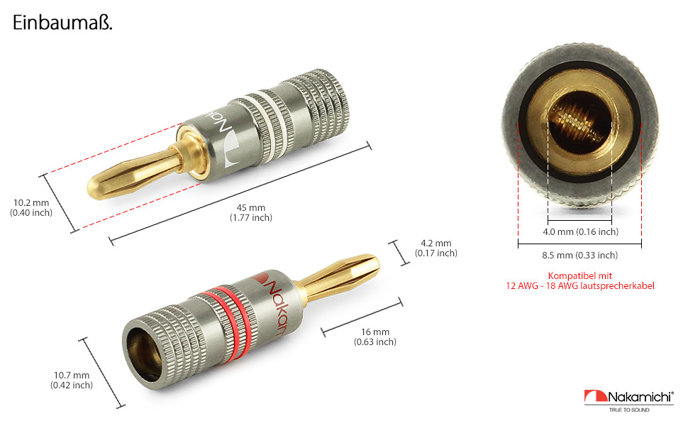 Бананові роз'єми Nakamichi Ultimate Series 24K позолочені берилієво-мідні конектори для акустичних кабелів 12-18 AWG, 4 мм, для HiFi колонок та підсилювачів, 10 шт (5 пар)