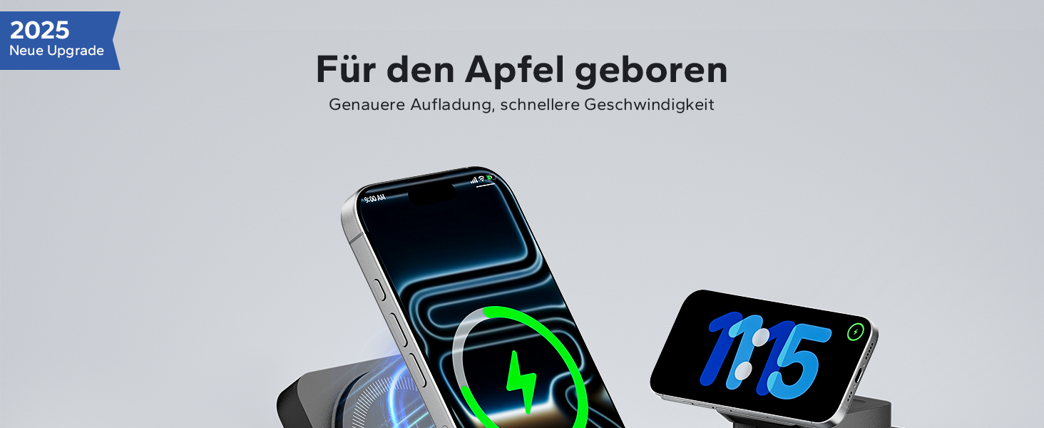 База для зарядки Apple Watch та iPhone KPON Magsafe 3-в-1, сумісна з iPhone 17/16/15/14/13/12/Air/Pro Max, Apple Watch 11/10/9, AirPods (Сірий/Чорний)