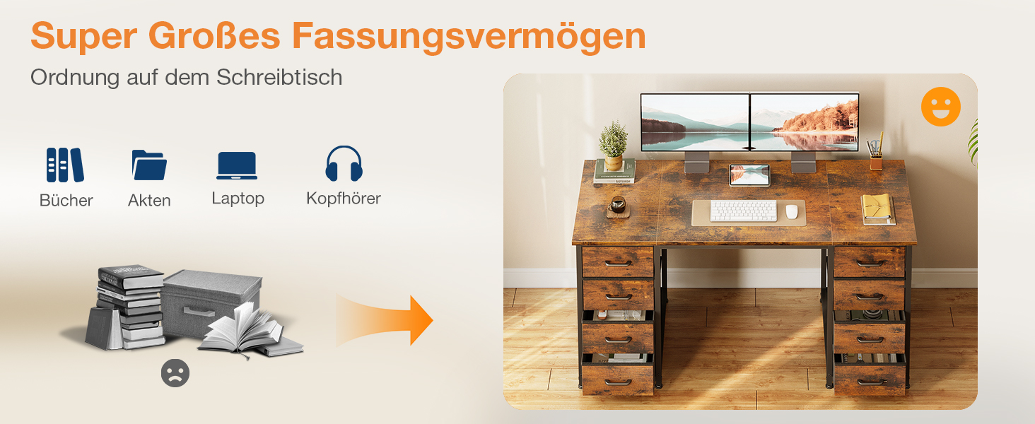 Комп'ютерний стіл Coleshome з 8 тканинними ящиками, 120x48 см, коричневий | Стіл для офісу, дому, вітальні