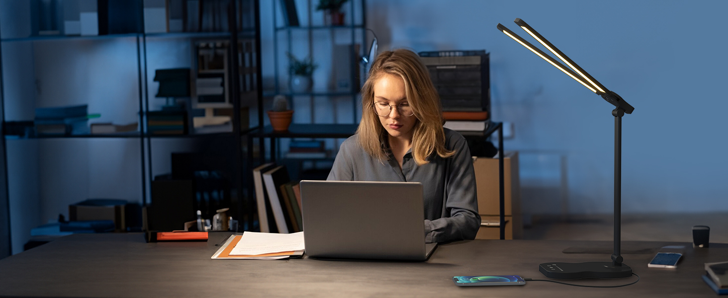 LED лампа настільна з двома руками, 5 кольорів та 10 рівнів яскравості, таймер вимкнення 45 хв, сенсорне керування, для навчання (біла) (чорна)