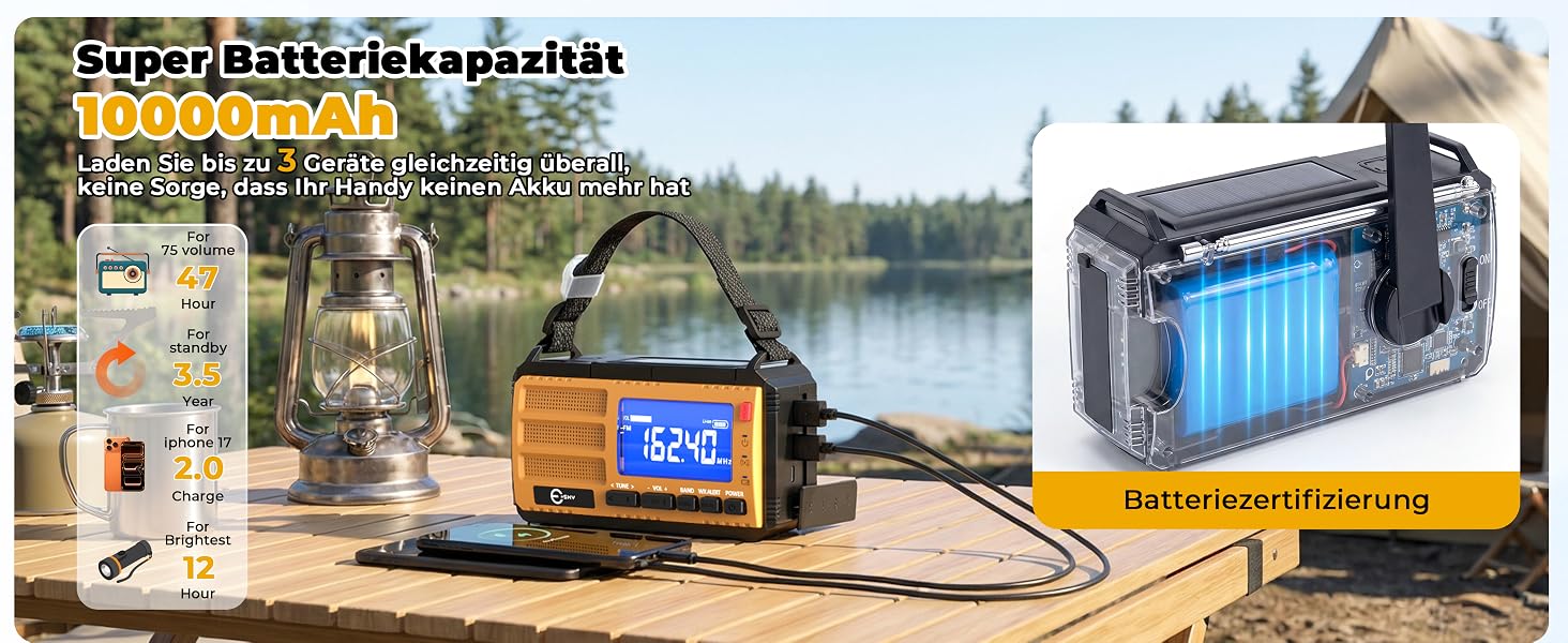 Радіоприймач Esky Kurbelradio з сонячною батареєю, 10000mAh, AM/FM, USB-зарядка, LED-ліхтарик, SOS-сигнал, компас, для кемпінгу та надзвичайних ситуацій, жовтий