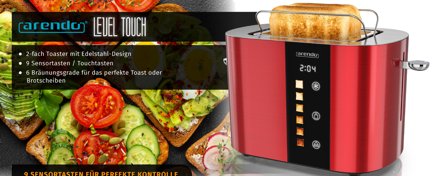 Тостер Arendo з нержавіючої сталі, 2 відділення, сенсорний дисплей, подвійні стінки, 800 Вт, підставка для тостів, 6 рівнів підсмажування, центрування хліба, індикатор часу, функція пам'яті (колір: кармінний)