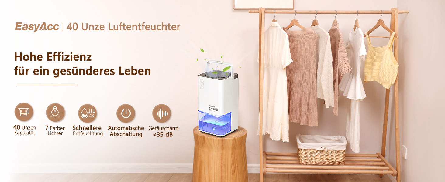 Електричний осушувач повітря EasyAcc 1200 мл, тихий, портативний, з нічним світлом, для офісу/спальні/ванної кімнати