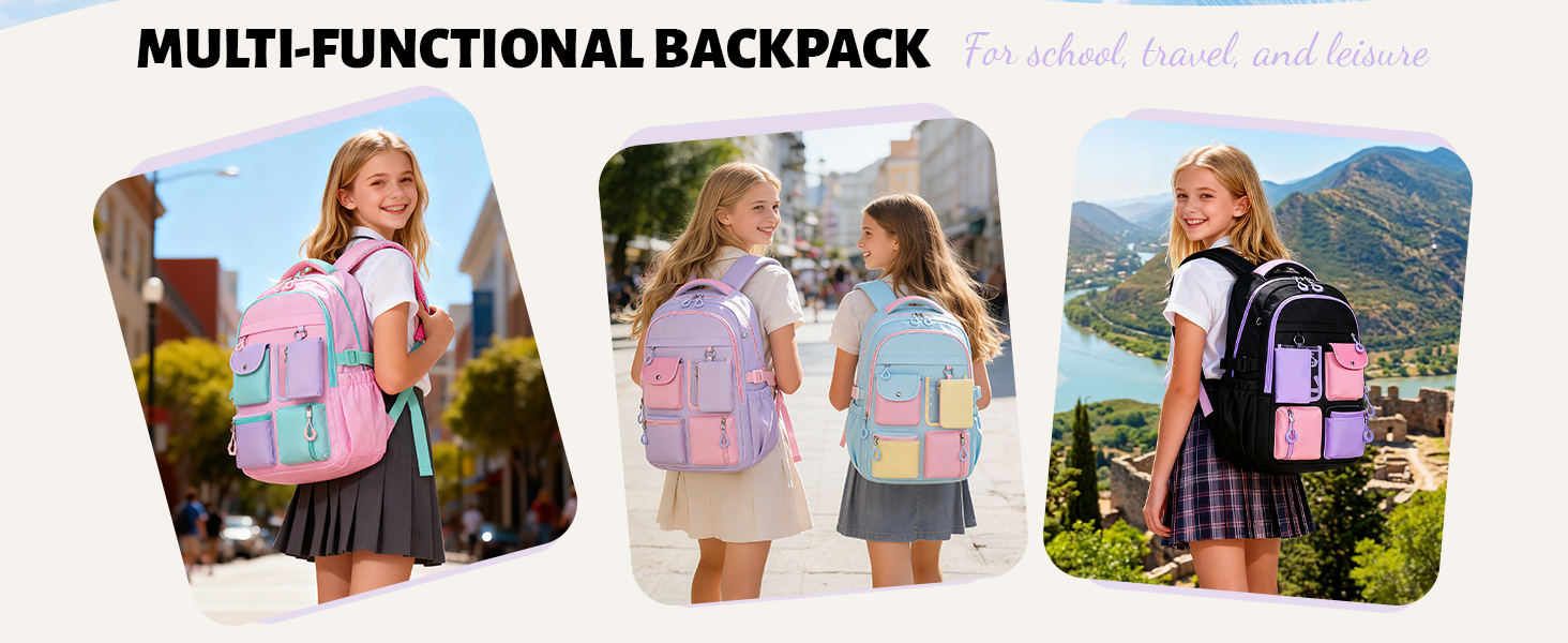 Шкільний рюкзак Tanou для дівчаток: великий, з тканини Oxford, з багатьма відділеннями, чорно-фіолетовий