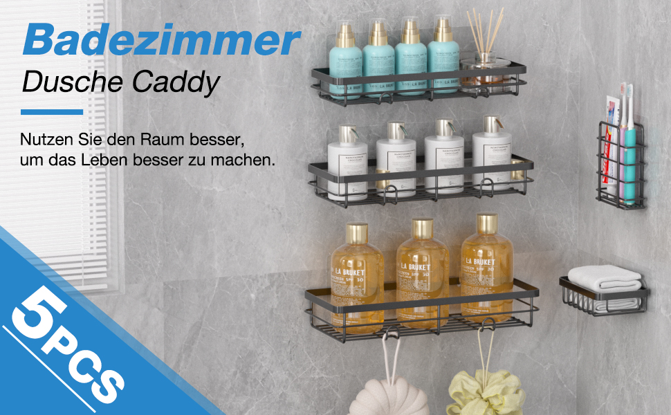 Поличка для душу без свердління, 5 шт. Органайзер для ванної кімнати, кутова поличка для душу з гачками, самоклеюча поличка для ванної та кухні (Чорний)
