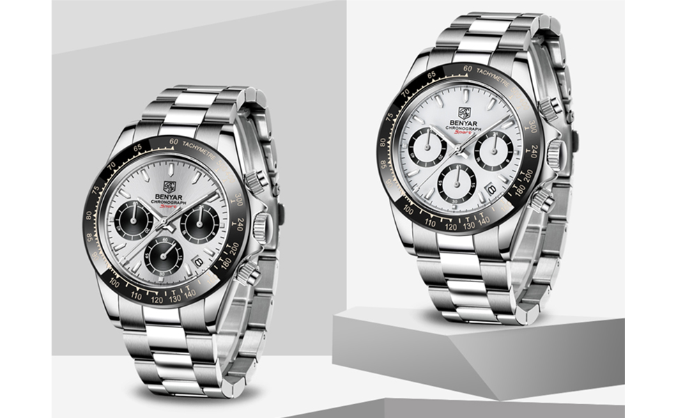 Чоловічий годинник BENYAR: Хронограф, кварцовий механізм, водонепроникний, з нержавіючої сталі, білий та чорний колір