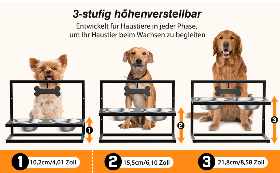 Adjustable Elevated Dog Bowl - 3 Heights, Anti-Tip, Personalized Name Plate, No-Slip Stand - Large & Medium Dog Food & Water Bowls