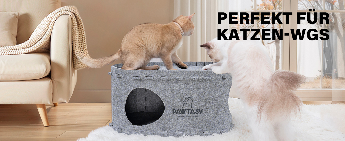 Котяча хатинка з фетру, будиночок-лігво для котів з 2 м'якими теплими подушками, зимова, захист кігтів, 58x33x30 см, бежева