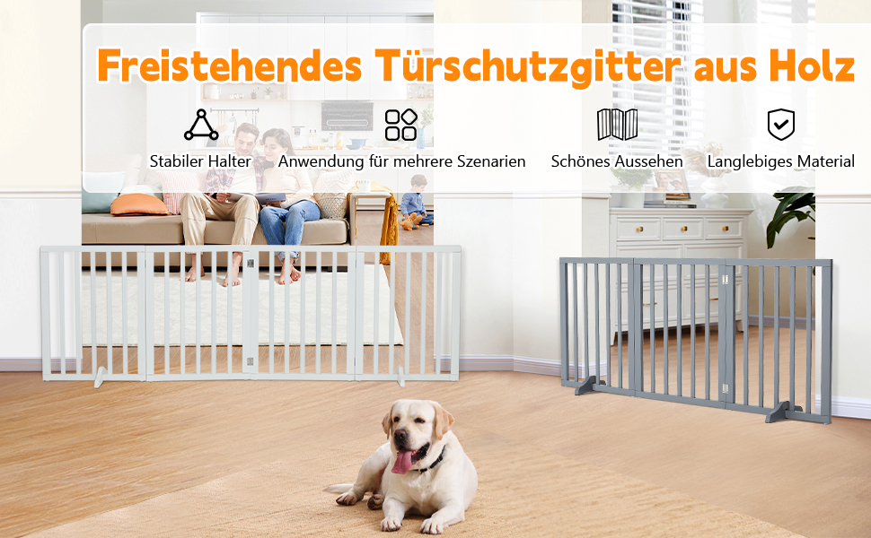 Захисне загородження для собак, дерев'яне, без свердління, 4 панелі, біле, 183x60 см