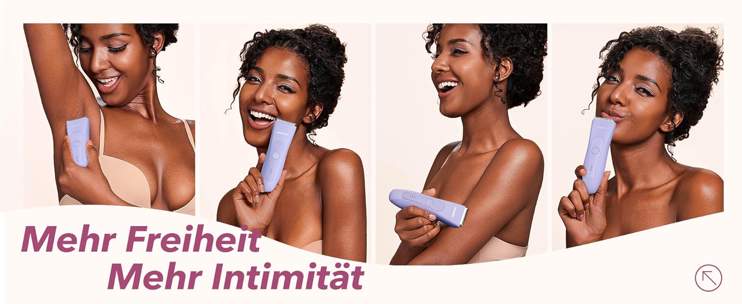 Електричний жіночий триммер для інтимної зони з 3 насадками та змінними керамічними лезами, фіолетовий