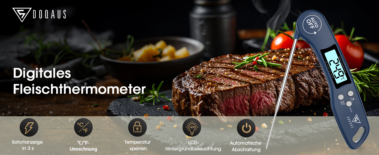 Цифровий термометр для м'яса DOQAUS: приготування на грилі, BBQ, варіння. Швидке зчитування, довга сонда, LCD-дисплей, автовимкнення