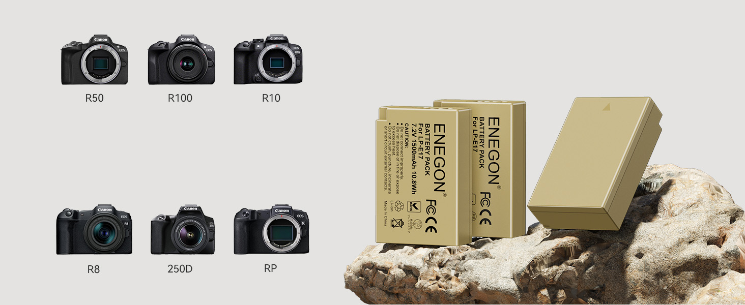 Акумулятори ENEGON LP-E17 1500mAh (3 шт.) + Зарядний пристрій LCD з 3-секційним відсіком, сумісний з Canon EOS R10, R8, RP, R50, R100, 200D, 250D, 77D, 750D, 760D, 800D, 8000D, M3, M5, M6, Rebel SL2, T6i, T6s, T7i