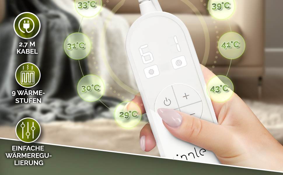 Електрична ковдра Sinnlein® з автовимкненням 160 x 120 см | 9 температурних режимів | Ковдра для ліжка та дивана | Таймер, цифрова панель керування (180x130 см, світло-сіра)