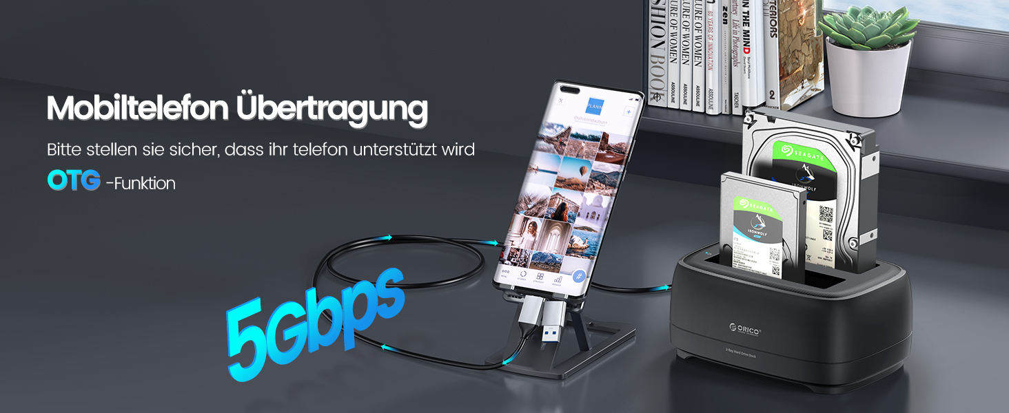 ORICO Док-станція для жорстких дисків, USB 3.2 Gen 1, 2 відсіки, підтримка 2.5/3.5 HDD/SSD, до 20TB, UASP, 12V 3A