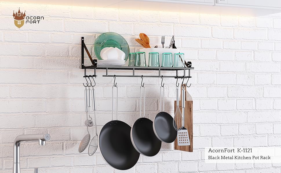 K-1121 60 CM Black Large Kitchen Shelf, Wall Shelf for Pots, Pans, and Utensils, Hanging Shelf with 10 Hooks