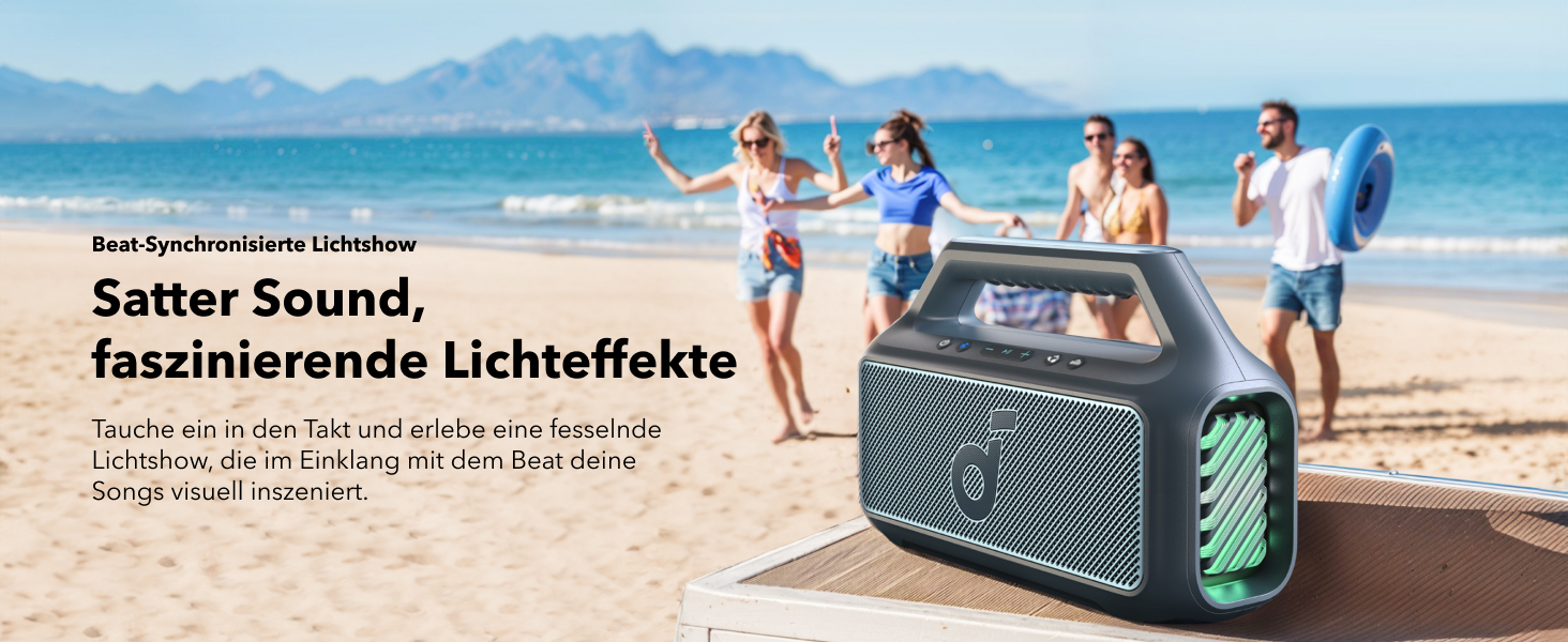 Soundcore Boom 2 - портативна Bluetooth колонка, 80W, сабвуфер, LED-підсвічування, IPX7, 24h, USB-C, BT 5.3, для кемпінгу, пляжу, саду (блакитна)
