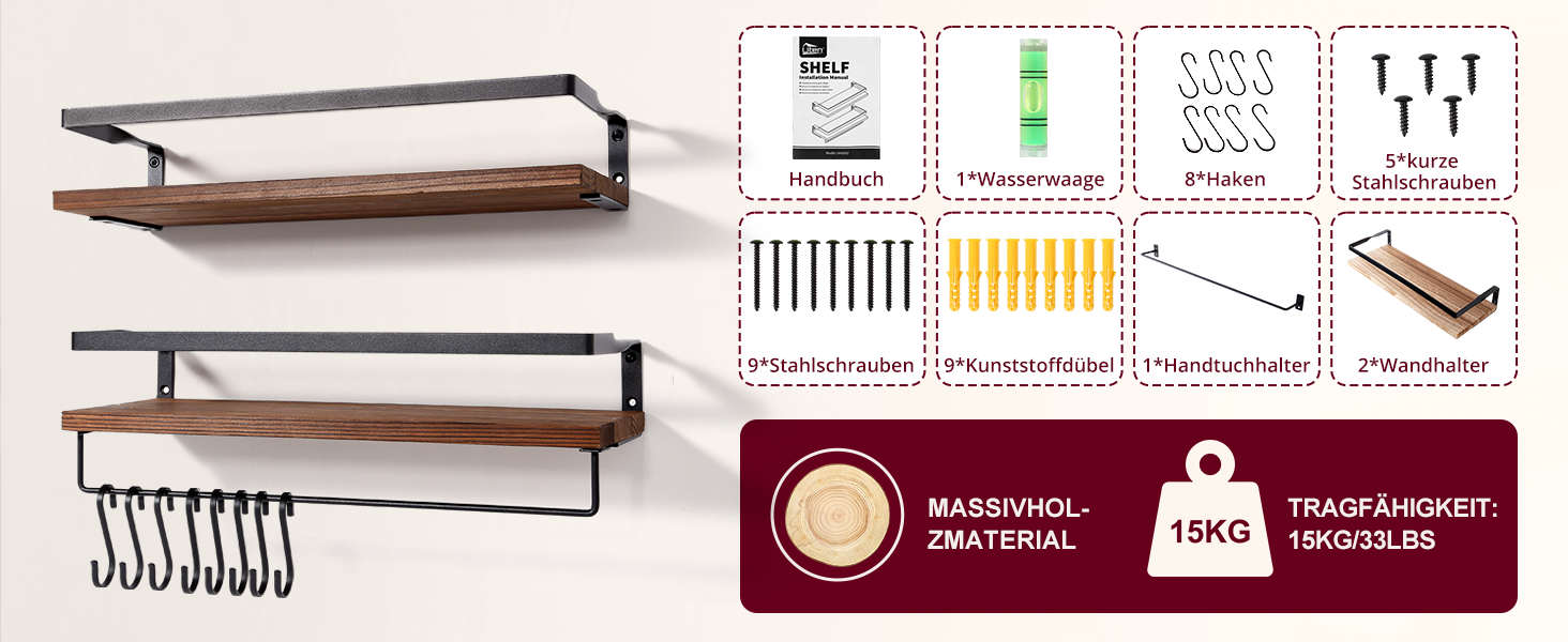 Настінна полиця з дерева, 2 шт. у комплекті, світло-коричнева, для спальні, вітальні, ванної кімнати, кухні, офісу (ретро-кавовий колір)
