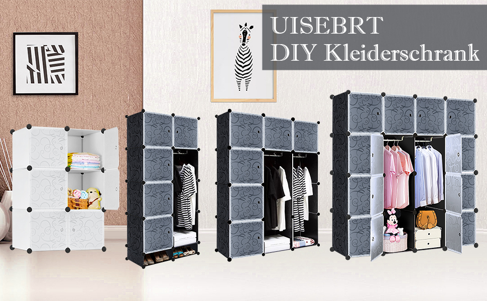 UISEBRT DIY Plastic Wardrobe System - Storage Shelf Wardrobe Closet Shoe Rack Plastic Boxes, 12 Boxes with Doors, Black with Pattern